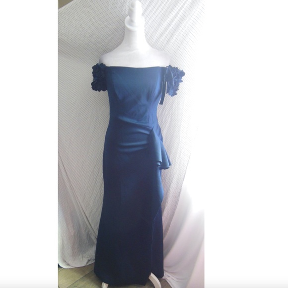 NEW XSCAPE Navy ROSETTE Floral SLEEVE Off The Shoulder RUCHED Scuba Crepe GOWN 6 - Picture 6 of 16